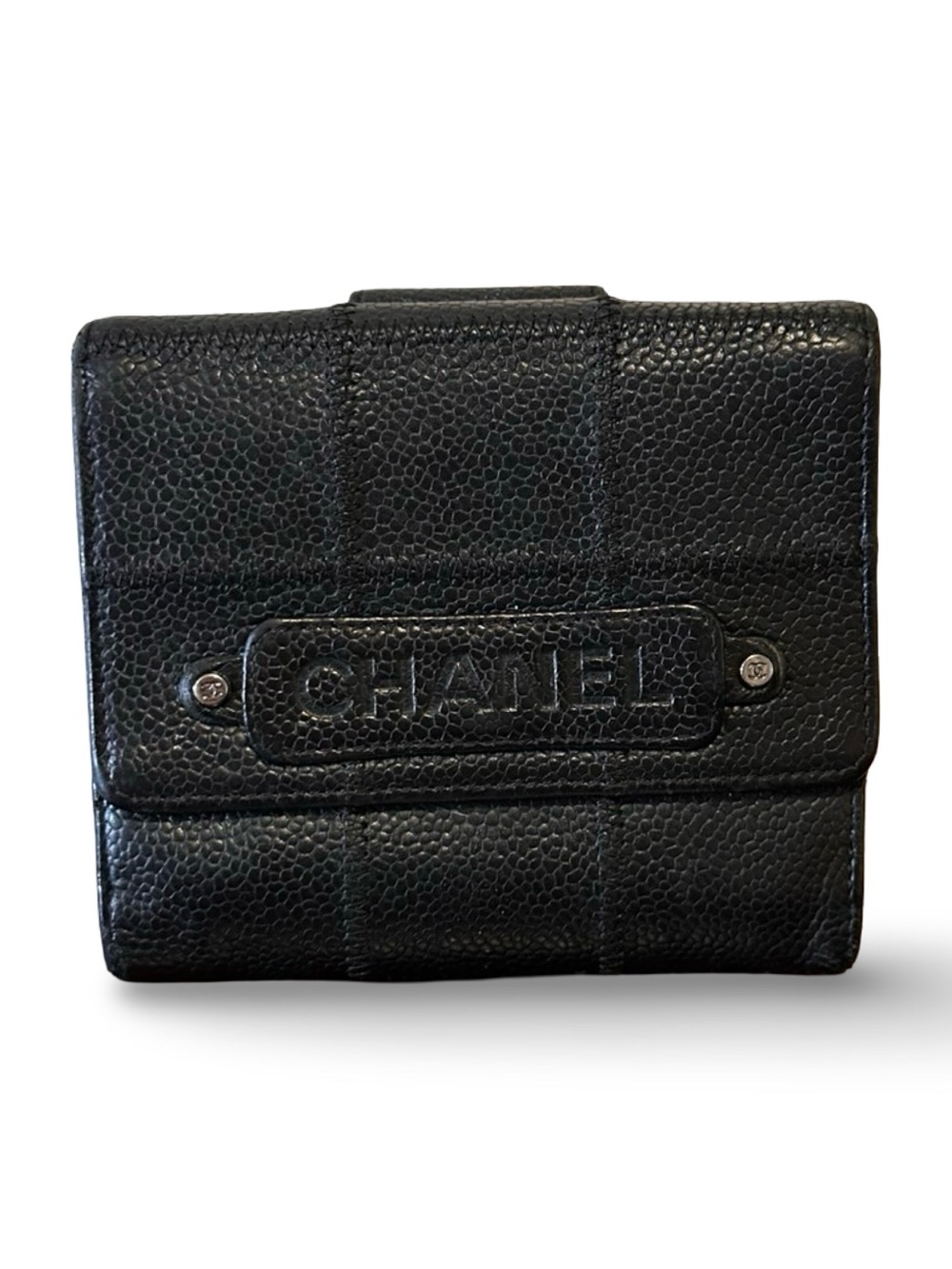 Authentic Vintage Chanel Chocolate Bar Compact Wallet - Black Caviar Leather